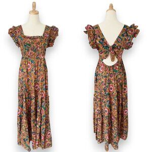 House of Harlow Floral Maxi Dress Back Open Tie Multi Boho Prairie Coquette
